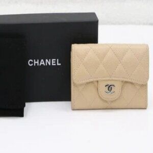Chanel Flap Card Holder Interlocking CC Logo Compact Wallet - Beige